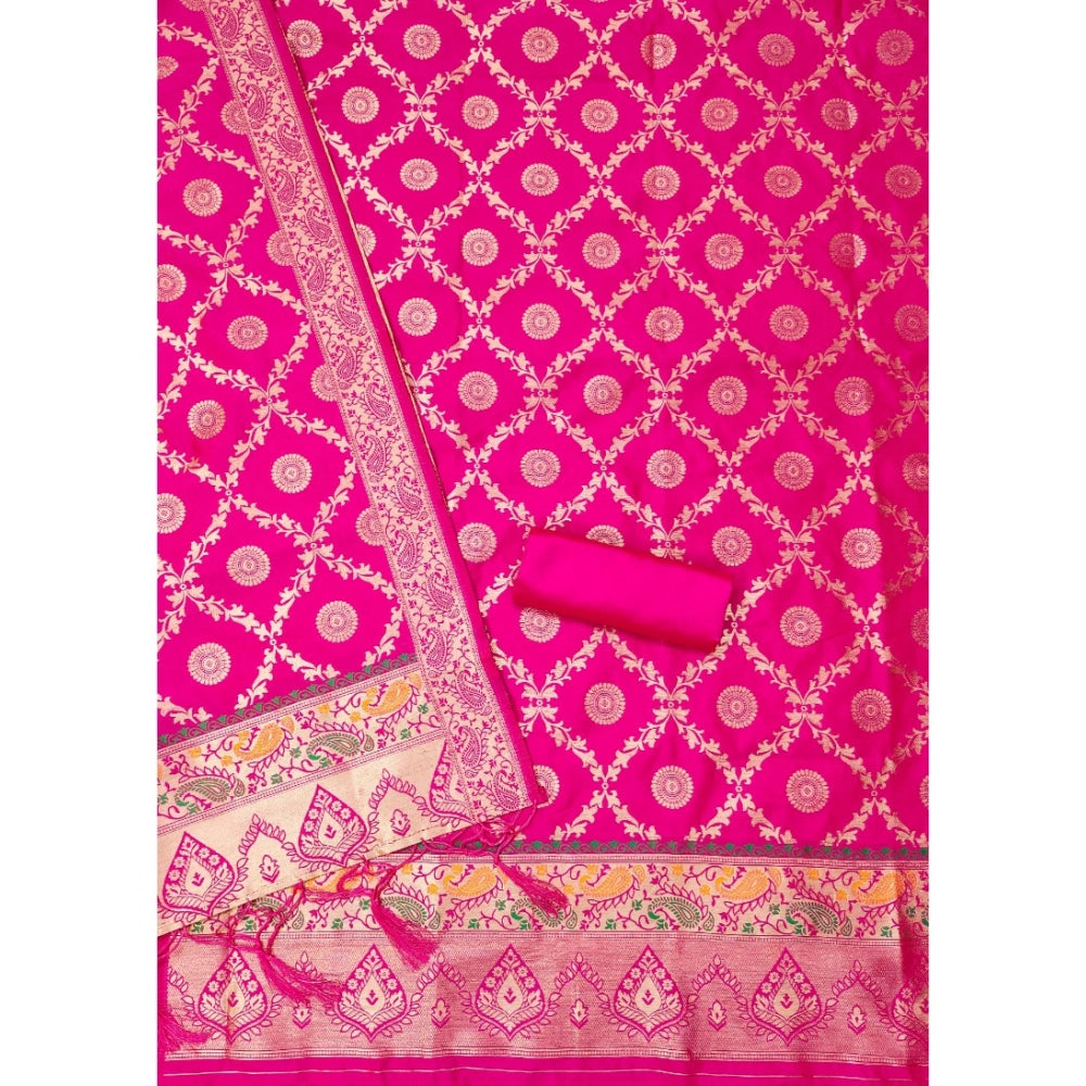 Women's Banarasi Silk Printed Unstitched Salwar Suit Material — Pink · _Pnk