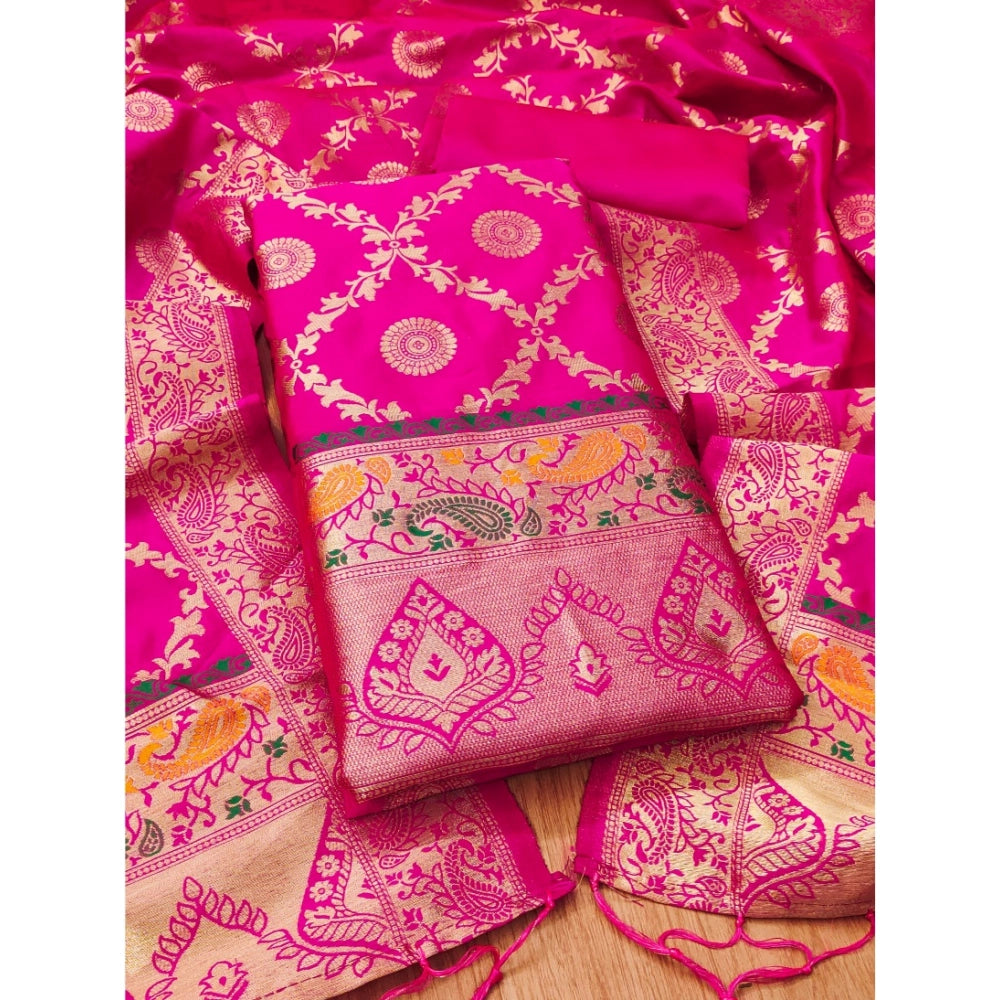Women's Banarasi Silk Printed Unstitched Salwar Suit Material — Pink · _Pnk