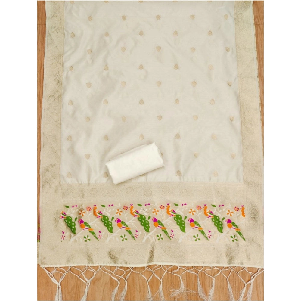 Women's Banarasi Silk Printed Unstitched Salwar Suit Material — White · _Wht