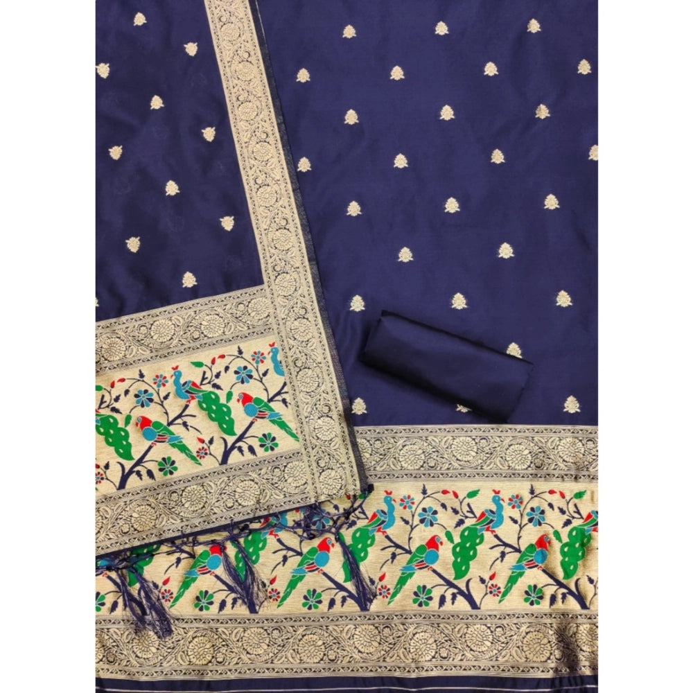 Women's Banarasi Silk Printed Unstitched Salwar Suit Material — Navy Blue · Nble