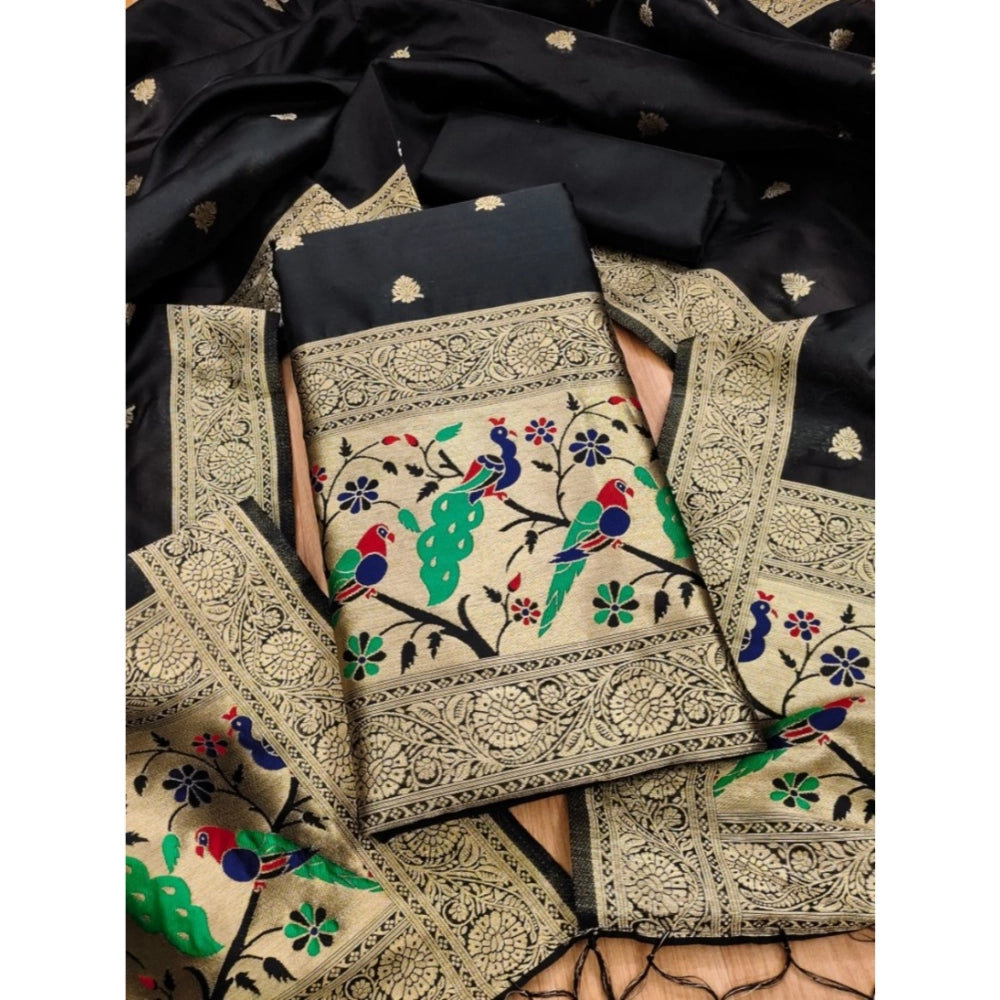 Women's Banarasi Silk Printed Unstitched Salwar Suit Material — Black · _Blk