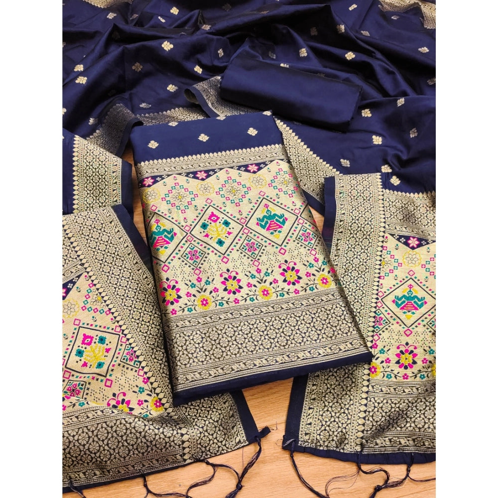 Women's Banarasi Silk Printed Unstitched Salwar Suit Material — Navy Blue · Nble