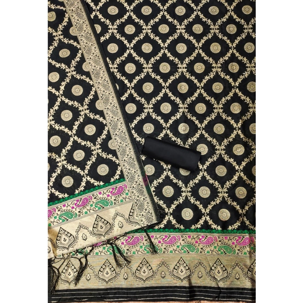 Women's Banarasi Silk Printed Unstitched Salwar Suit Material — Black · _Blk