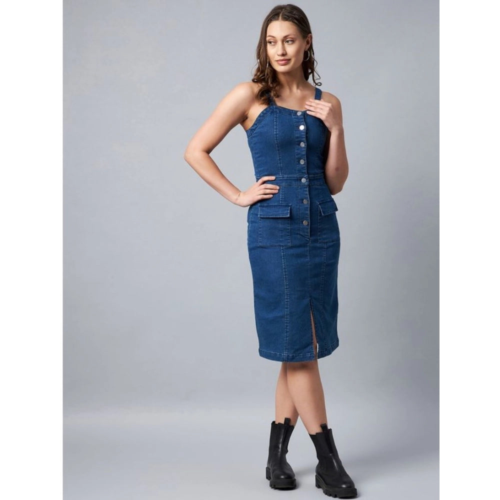 Women's Denim Lycra Solid Square Neck Shoulder Straps Dress — Blue
