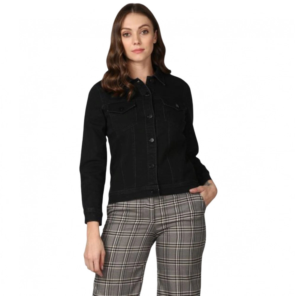 Women's Denim Solid Long Sleeve Jacket — Black