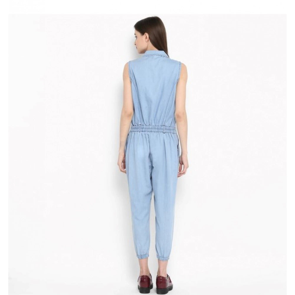 Women's Denim Solid Sleeveless Jumpsuit — Blue · JS_L