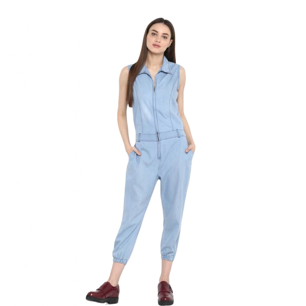 Women's Denim Solid Sleeveless Jumpsuit — Blue · JS_L