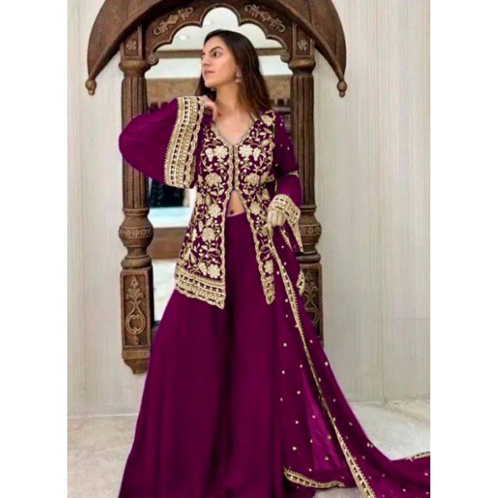 Women's Georgette Embroidery 3-4th Sleeve V-Neck Kurti — Wine
