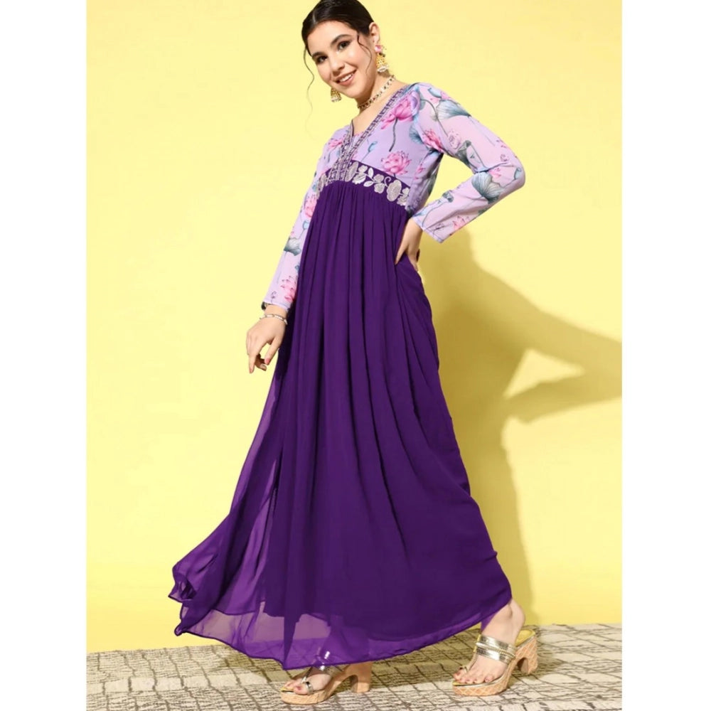 Women's Georgette Embroidery 3-4th Sleeve V-Neck Kurti — Purple · ka_L