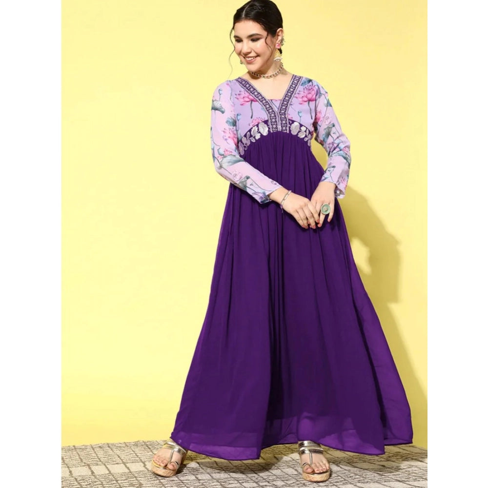 Women's Georgette Embroidery 3-4th Sleeve V-Neck Kurti — Purple · ka_L