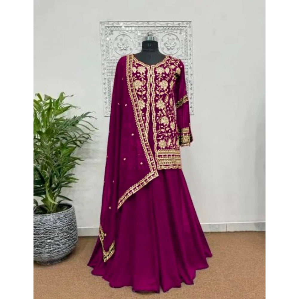 Women's Georgette Embroidery 3-4th Sleeve V-Neck Kurti — Wine