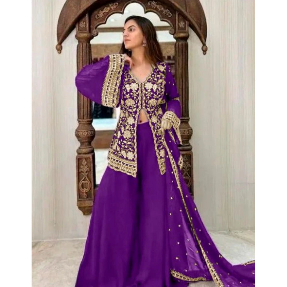 Women's Georgette Embroidery 3-4th Sleeve V-Neck Kurti — Purple · le_L