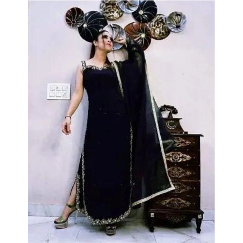 Women's Georgette Embroidery Sleeveless Round Neck Kurti — Black