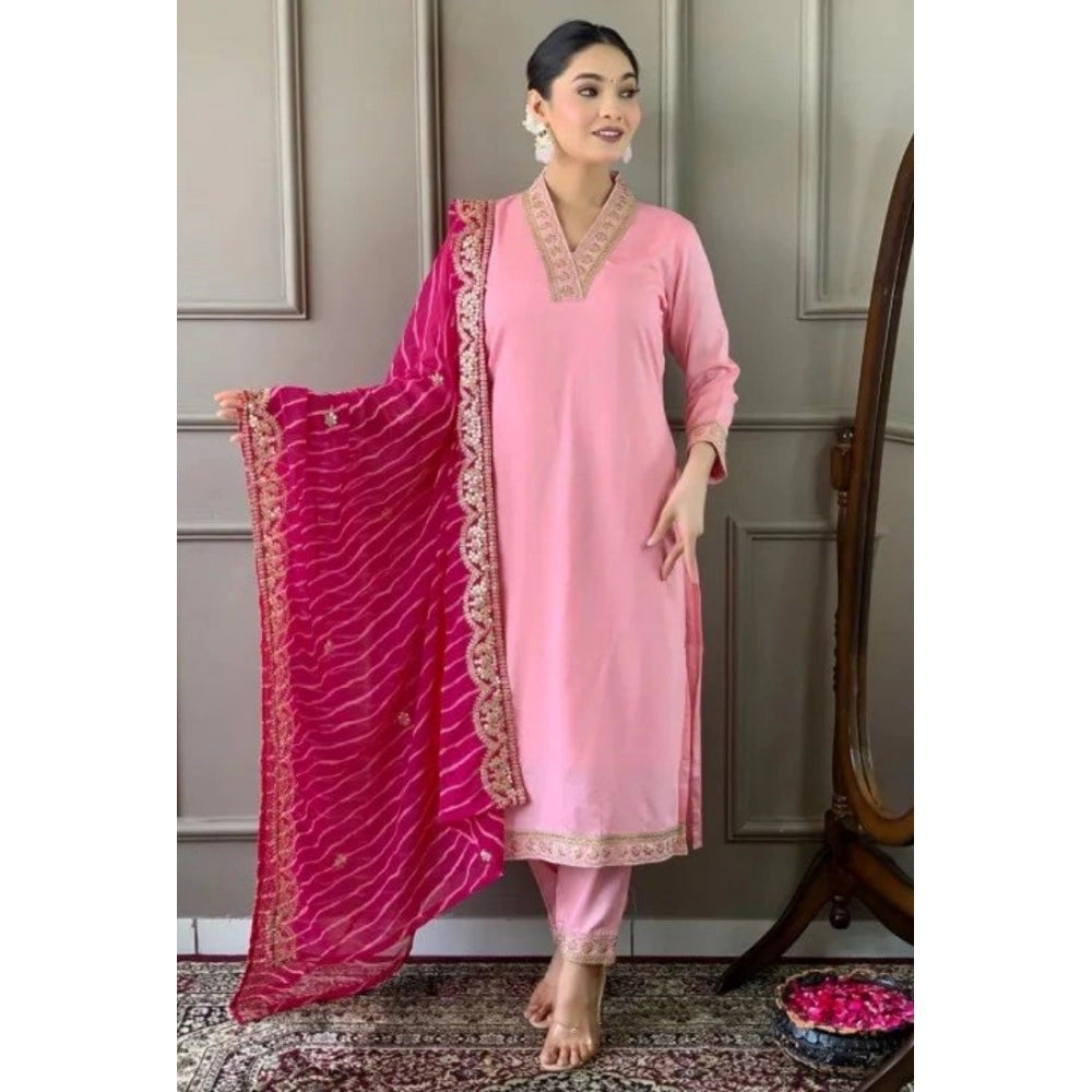 Women's Roman Silk Embroidery 3-4th Sleeve V-Neck Kurti — Pink