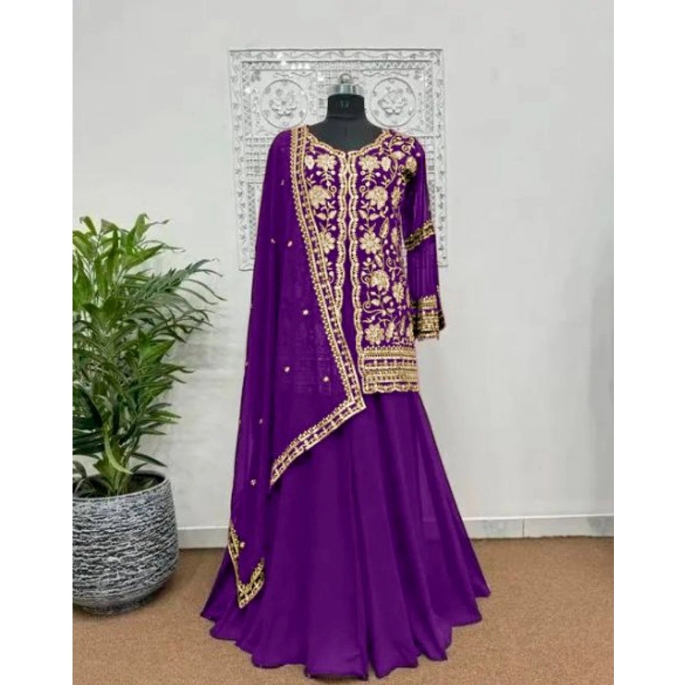 Women's Georgette Embroidery 3-4th Sleeve V-Neck Kurti — Purple · le_L