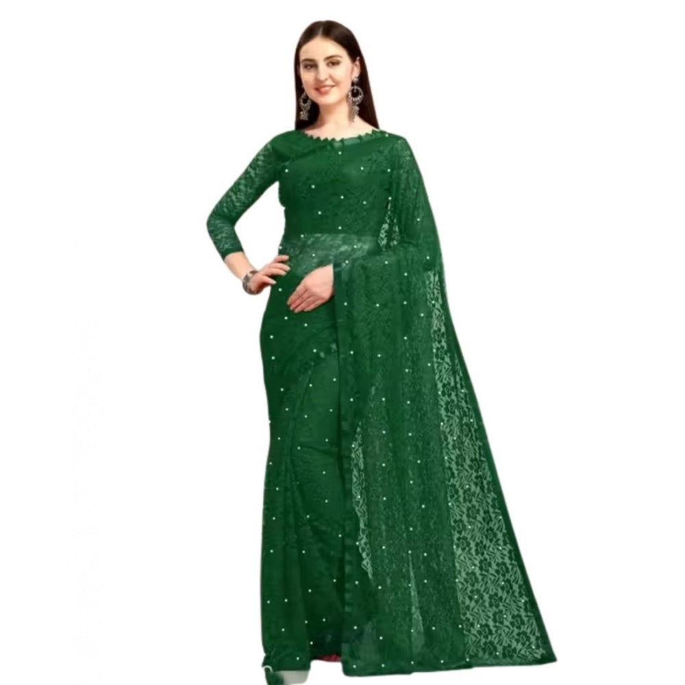 Women's Net Self Design Saree — Green