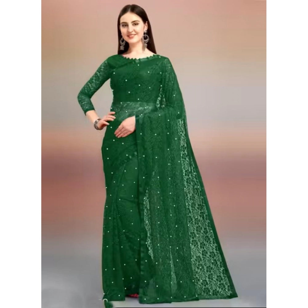 Women's Net Self Design Saree — Green
