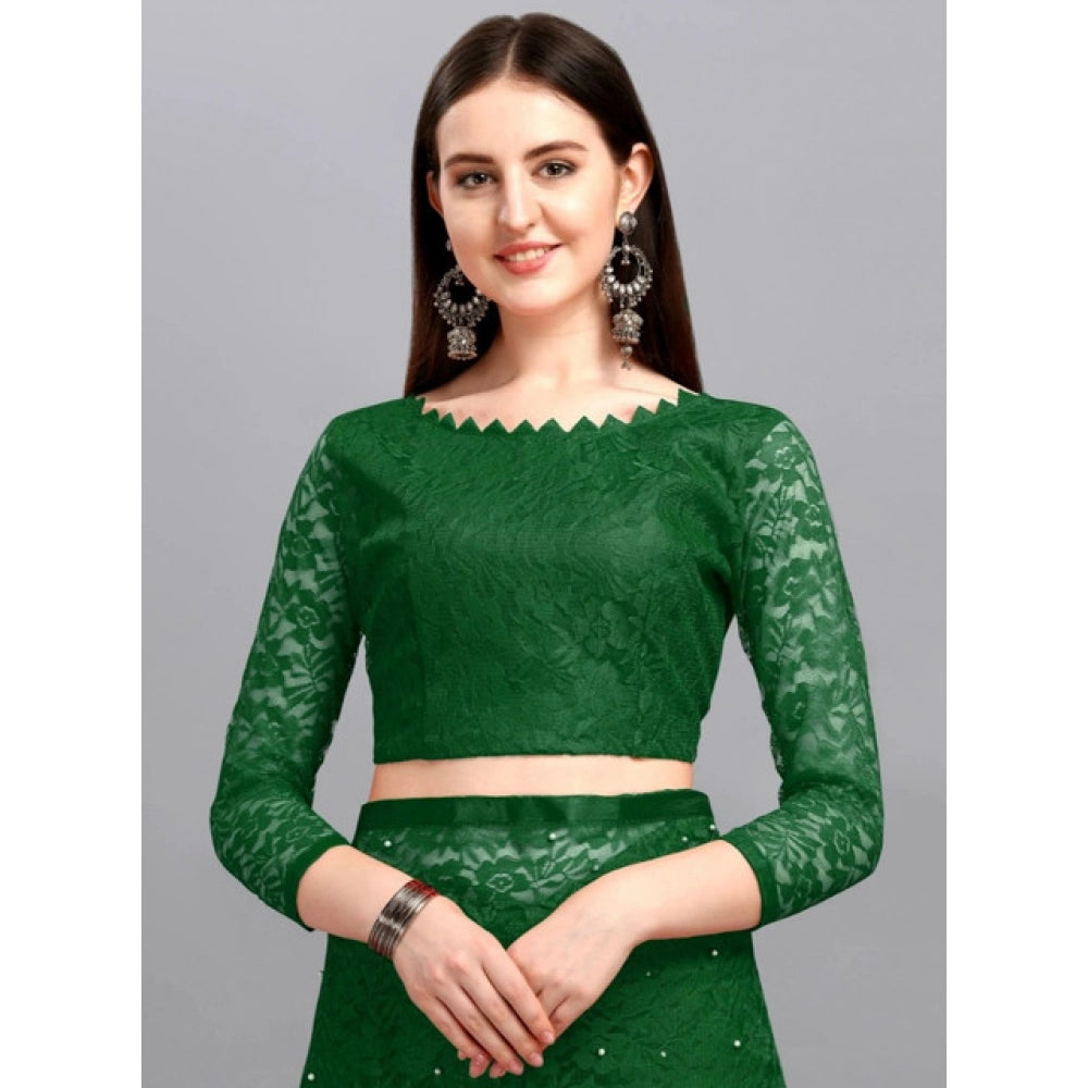Women's Net Self Design Saree — Green