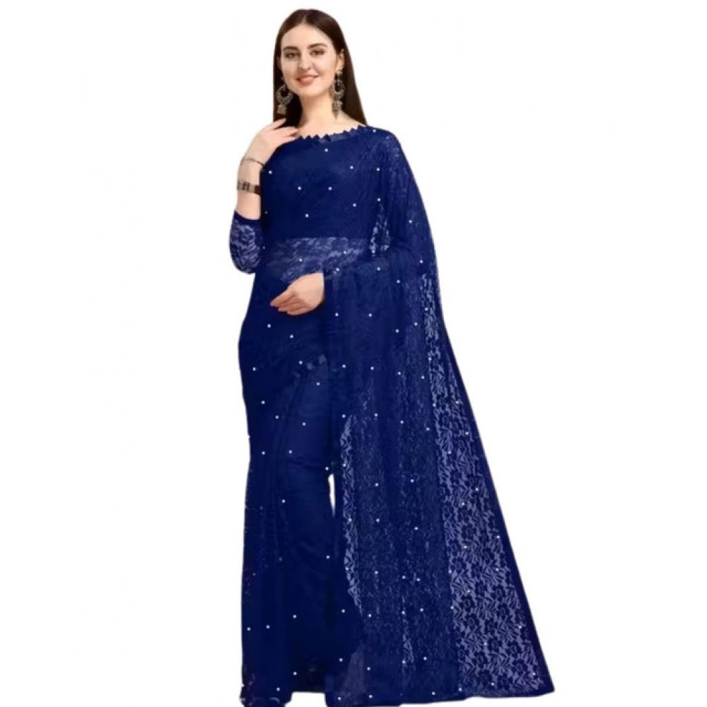 Women's Net Self Design Saree — Navy Blue