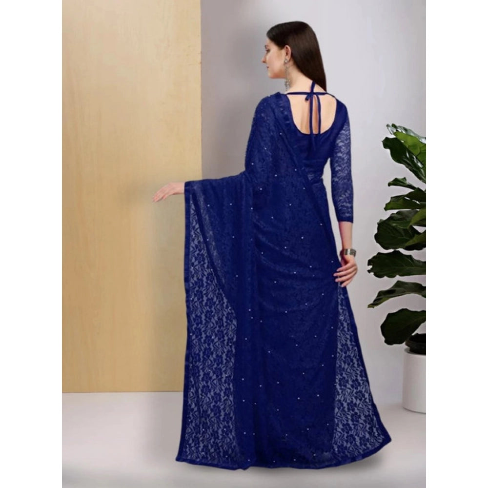 Women's Net Self Design Saree — Navy Blue
