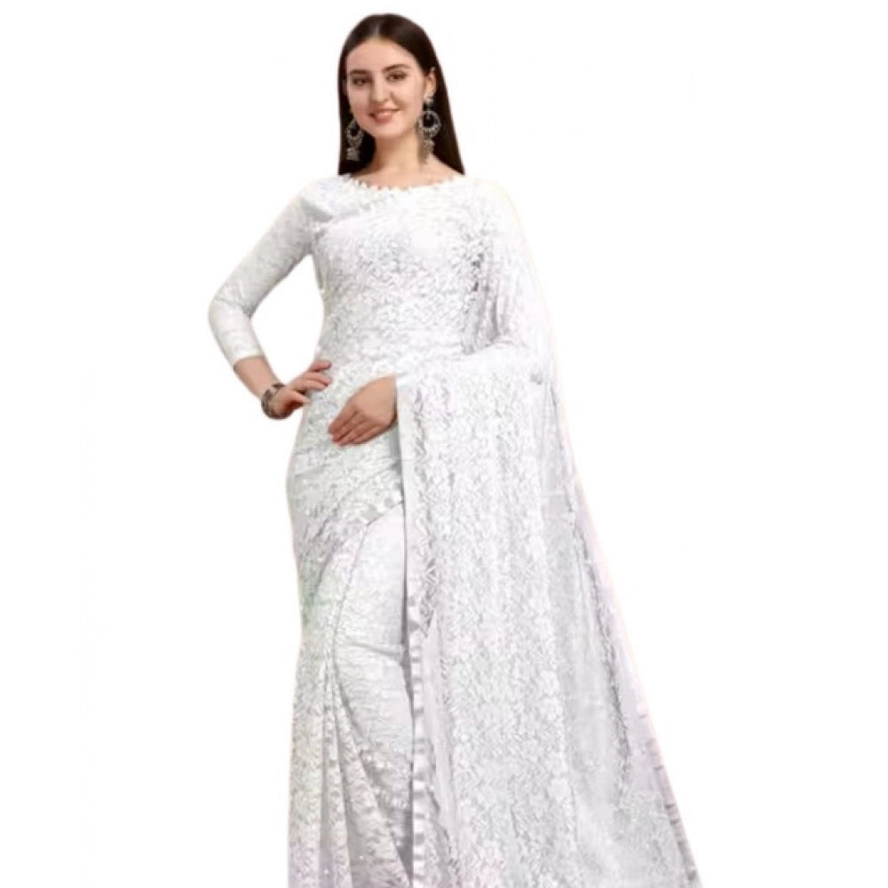 Women's Net Self Design Saree — White