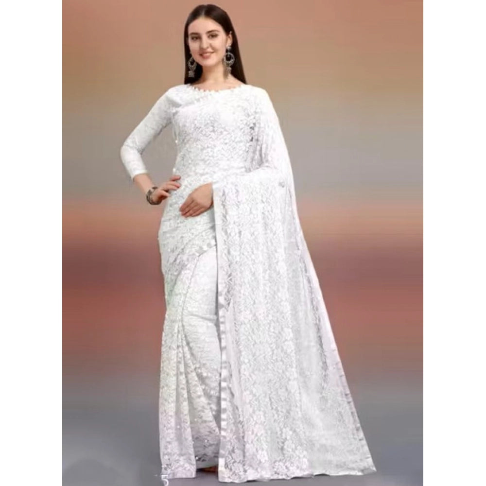 Women's Net Self Design Saree — White