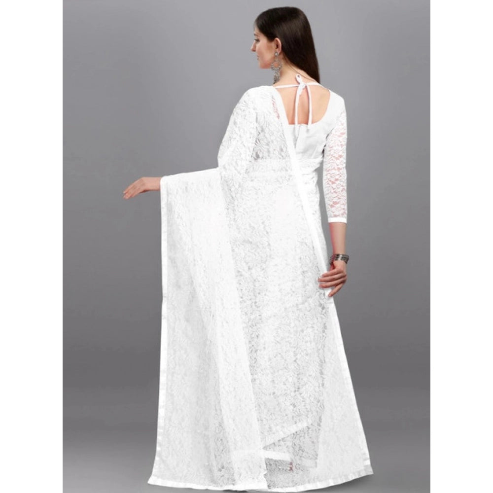 Women's Net Self Design Saree — White