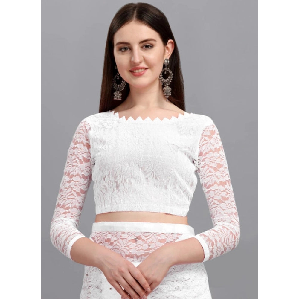Women's Net Self Design Saree — White