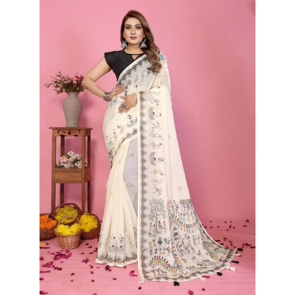 Women's Linen Cotton Printed Saree — Off White · 1919