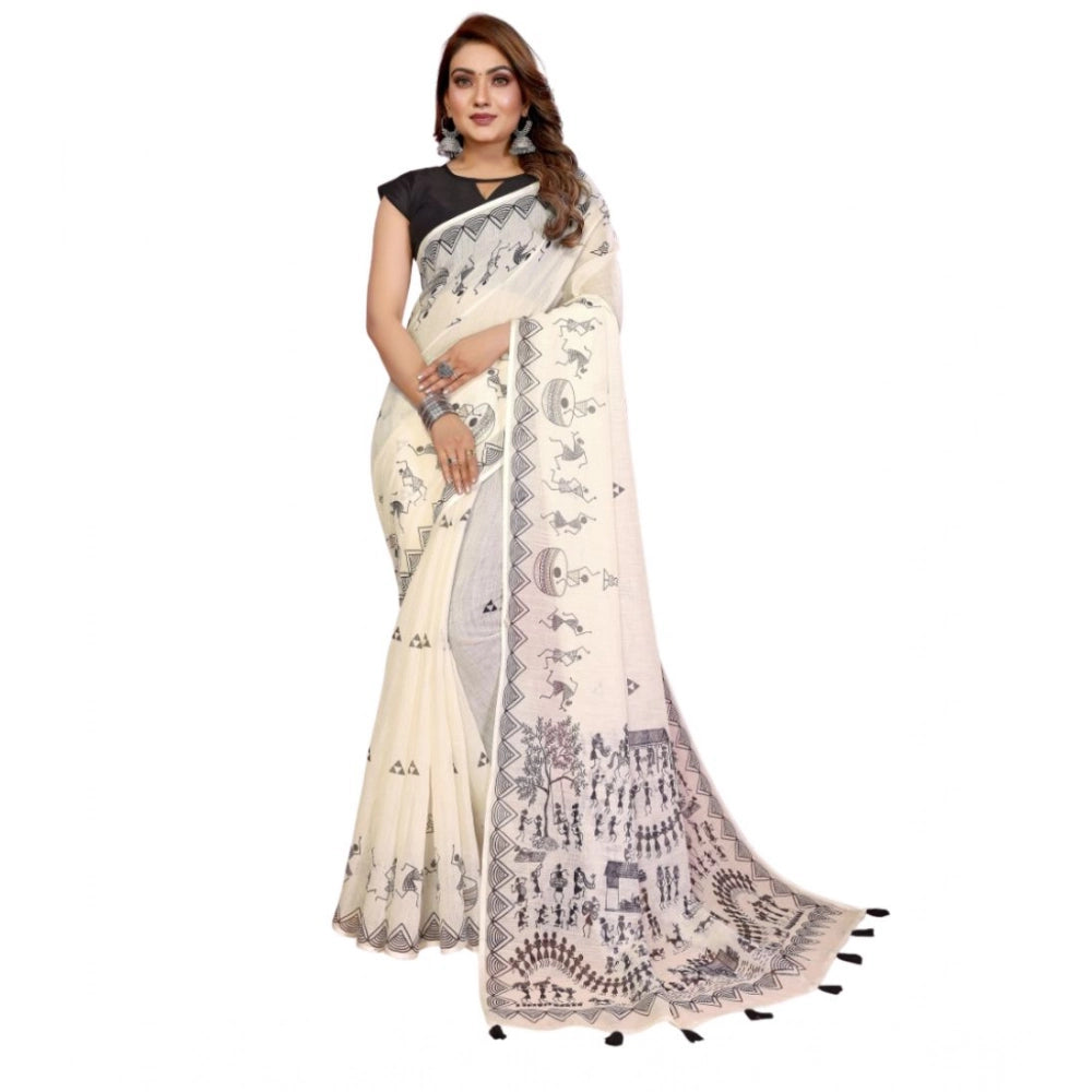 Women's Linen Cotton Printed Saree — Off White · 1920