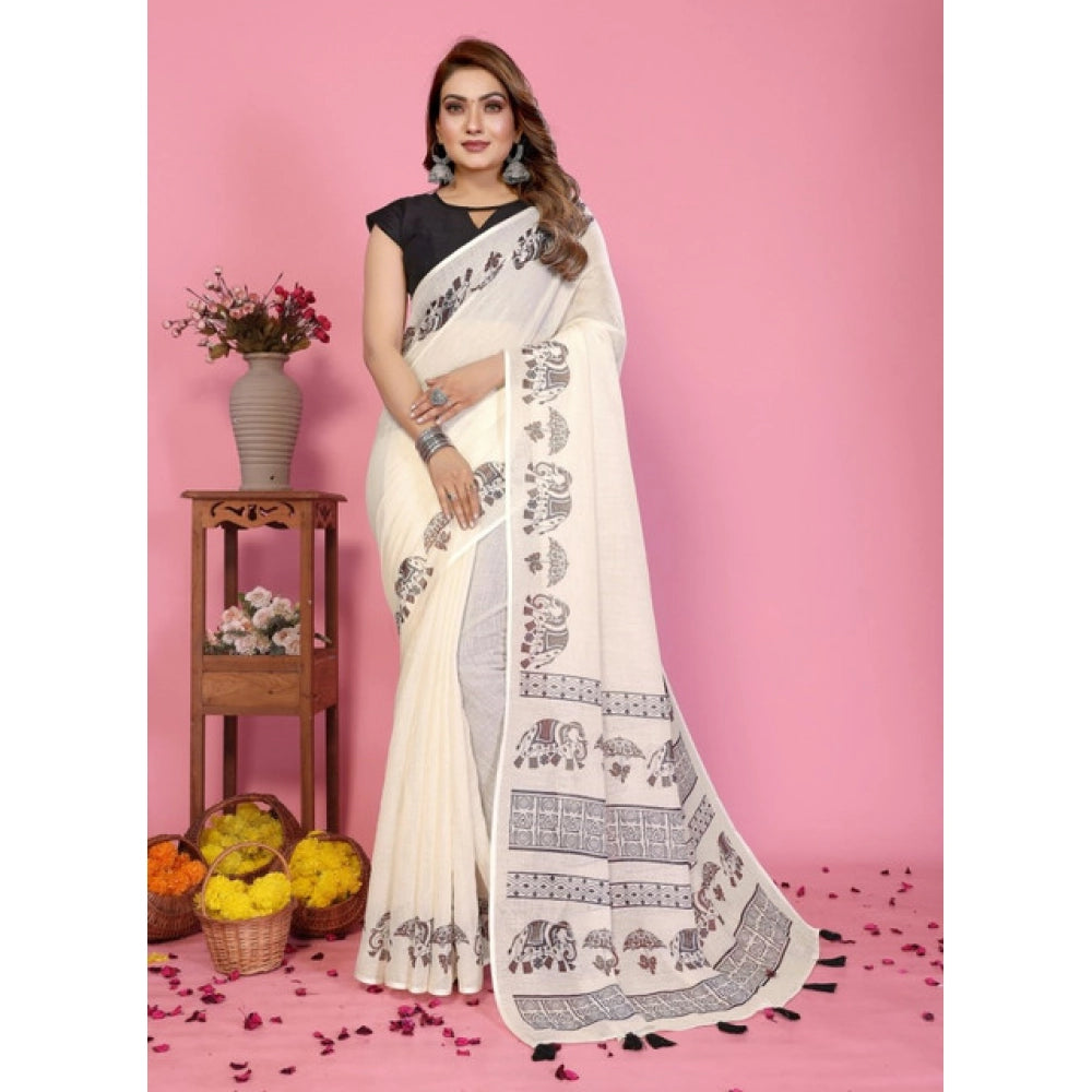 Women's Linen Cotton Printed Saree — Off White · 1921