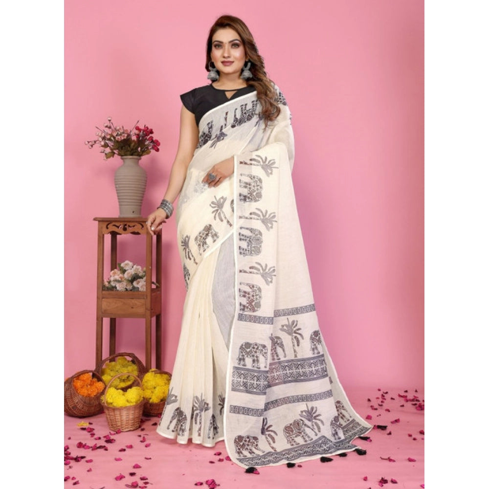 Women's Linen Cotton Printed Saree — Off White · 1922