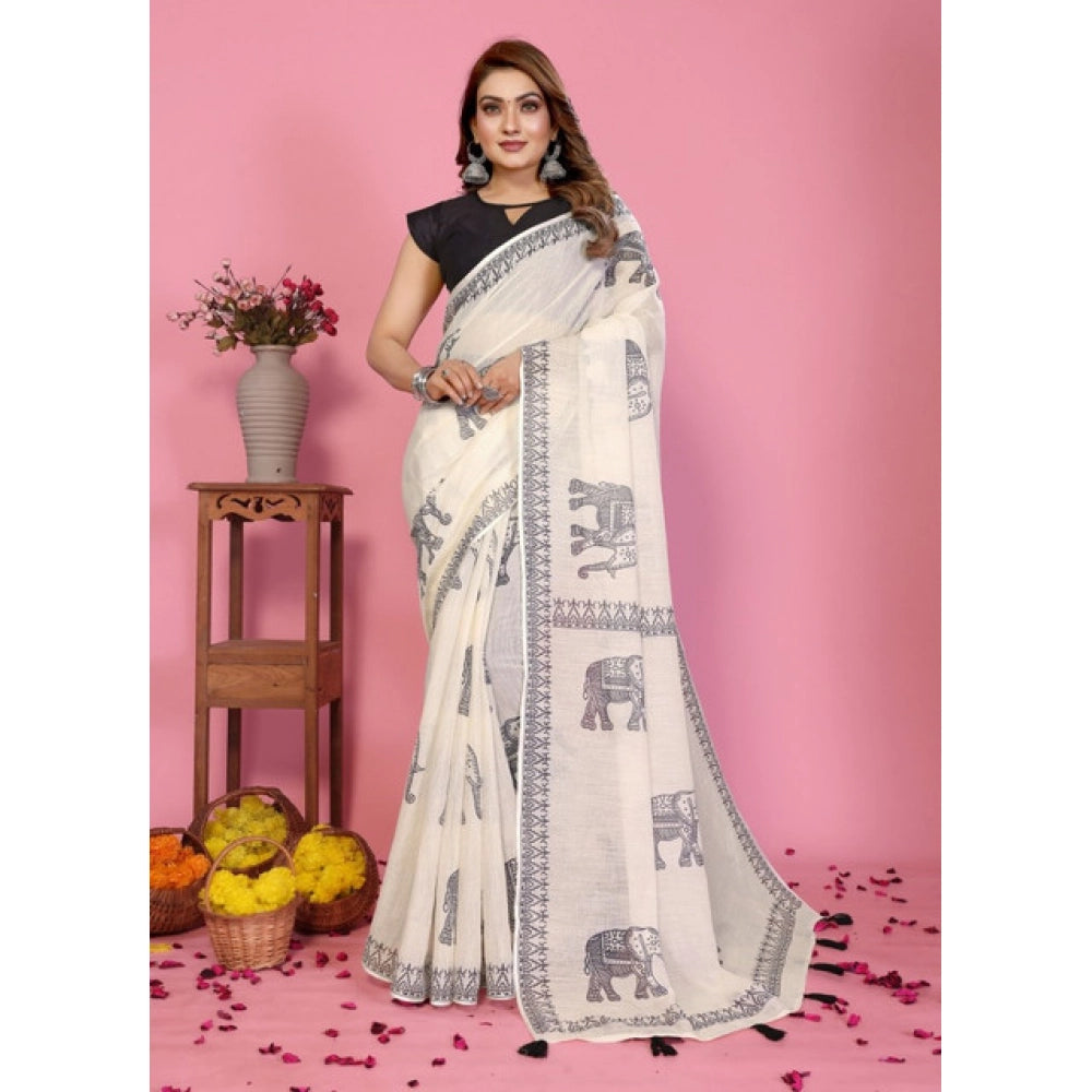 Women's Linen Cotton Printed Saree — Off White · 1923