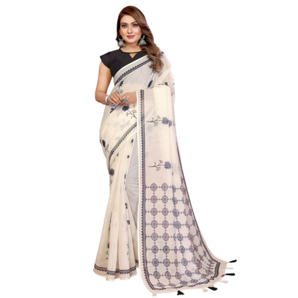 Women's Linen Cotton Printed Saree — Off White · 1924