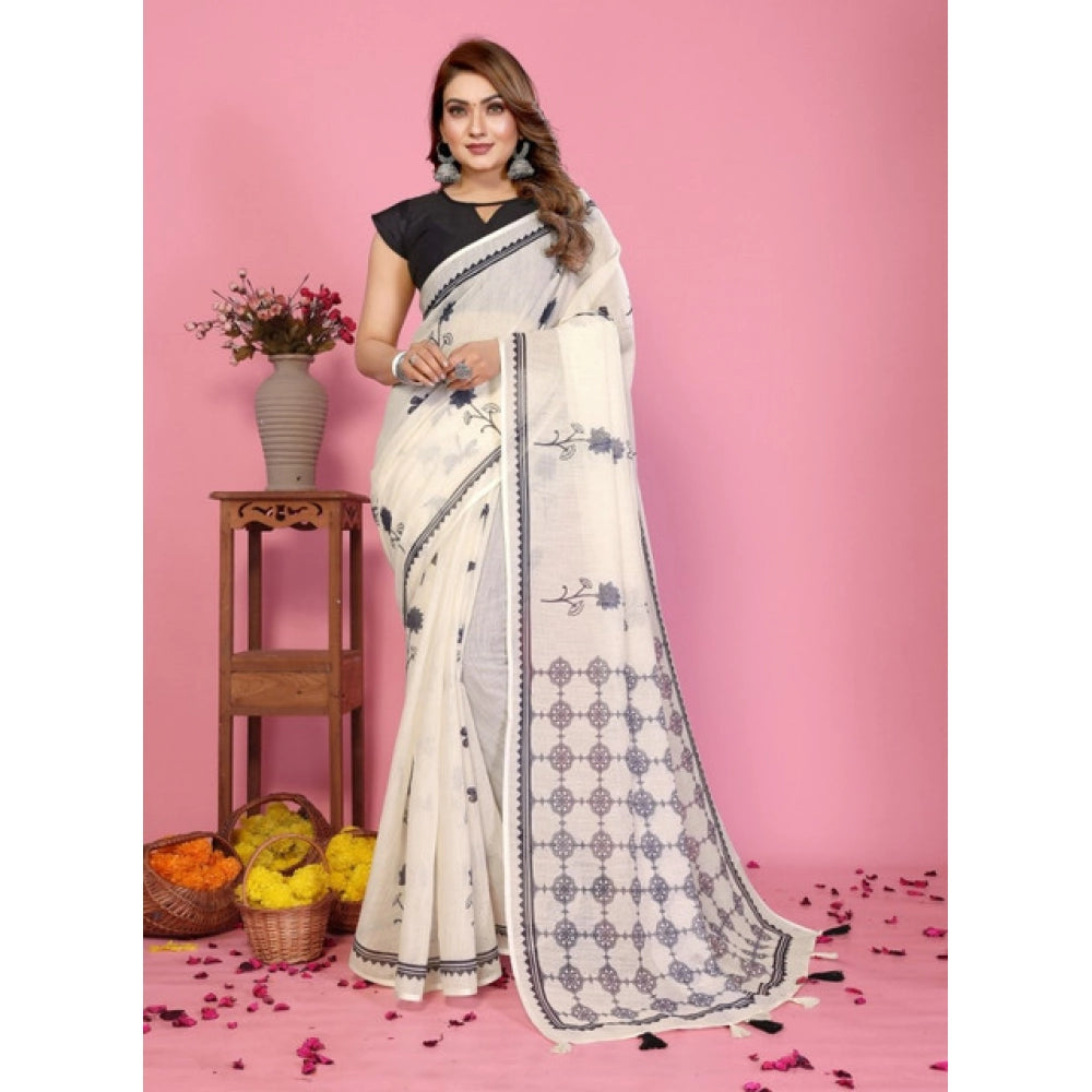 Women's Linen Cotton Printed Saree — Off White · 1924