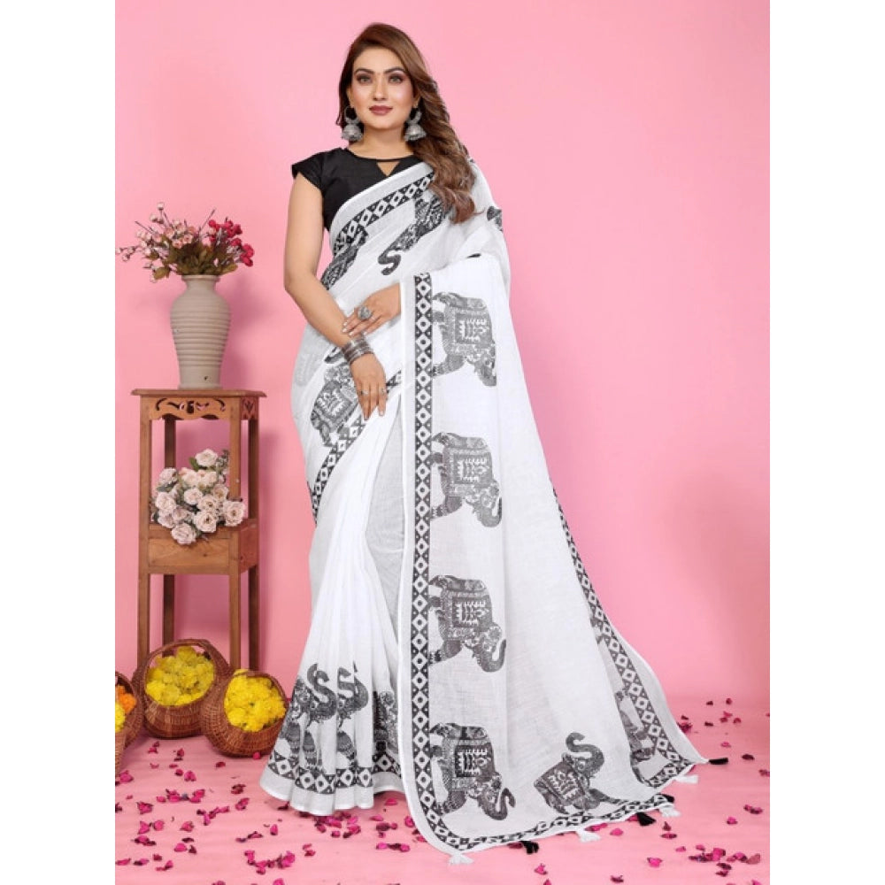 Women's Linen Cotton Printed Saree — White · 1925