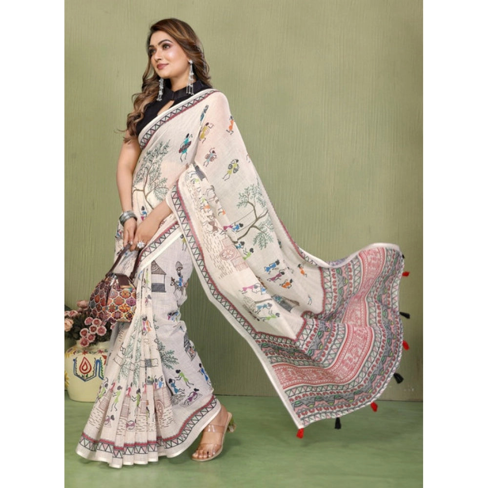 Women's Linen Cotton Printed Saree — Off White · 1928