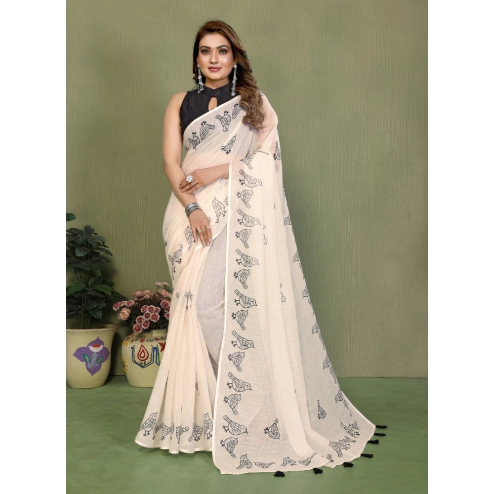Women's Linen Cotton Printed Saree — Off White · 1929