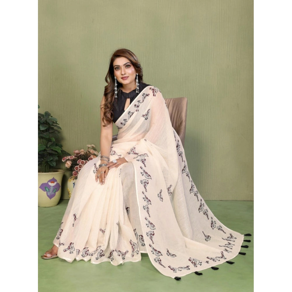 Women's Linen Cotton Printed Saree — Off White · 1930