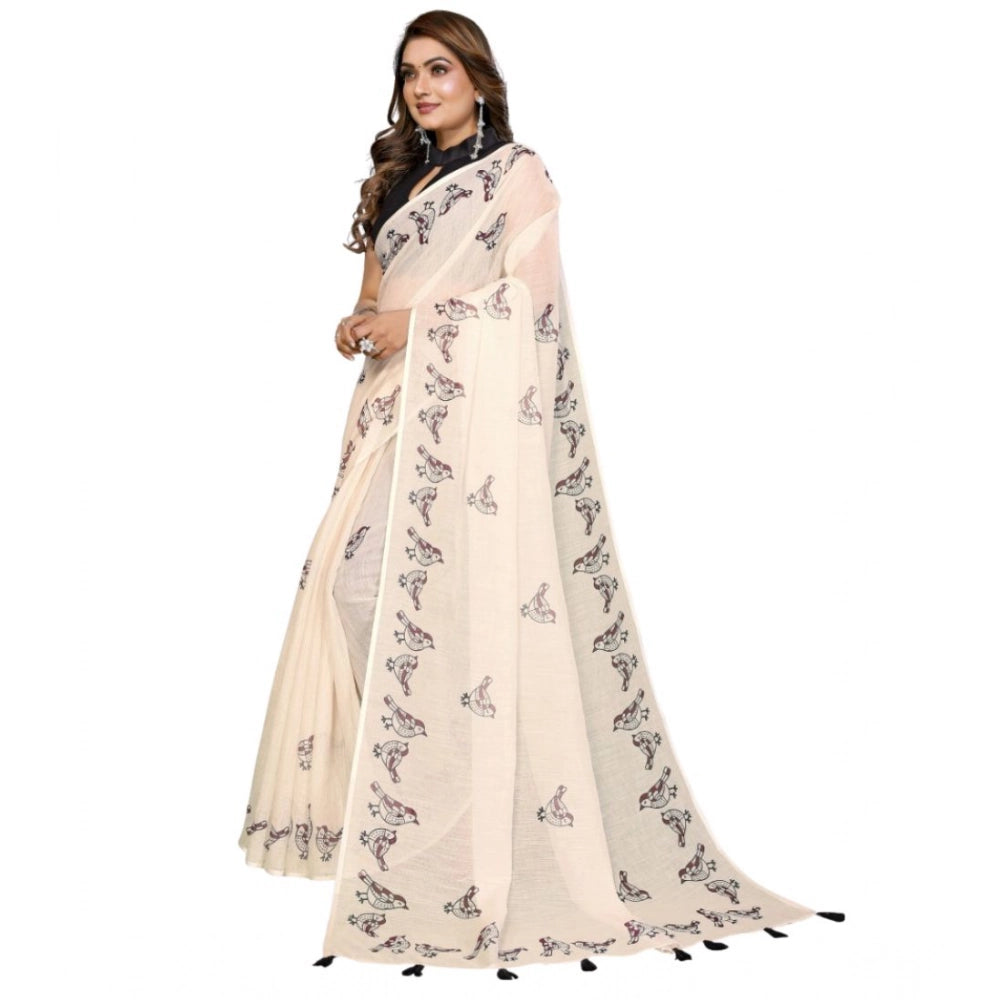 Women's Linen Cotton Printed Saree — Off White · 1930