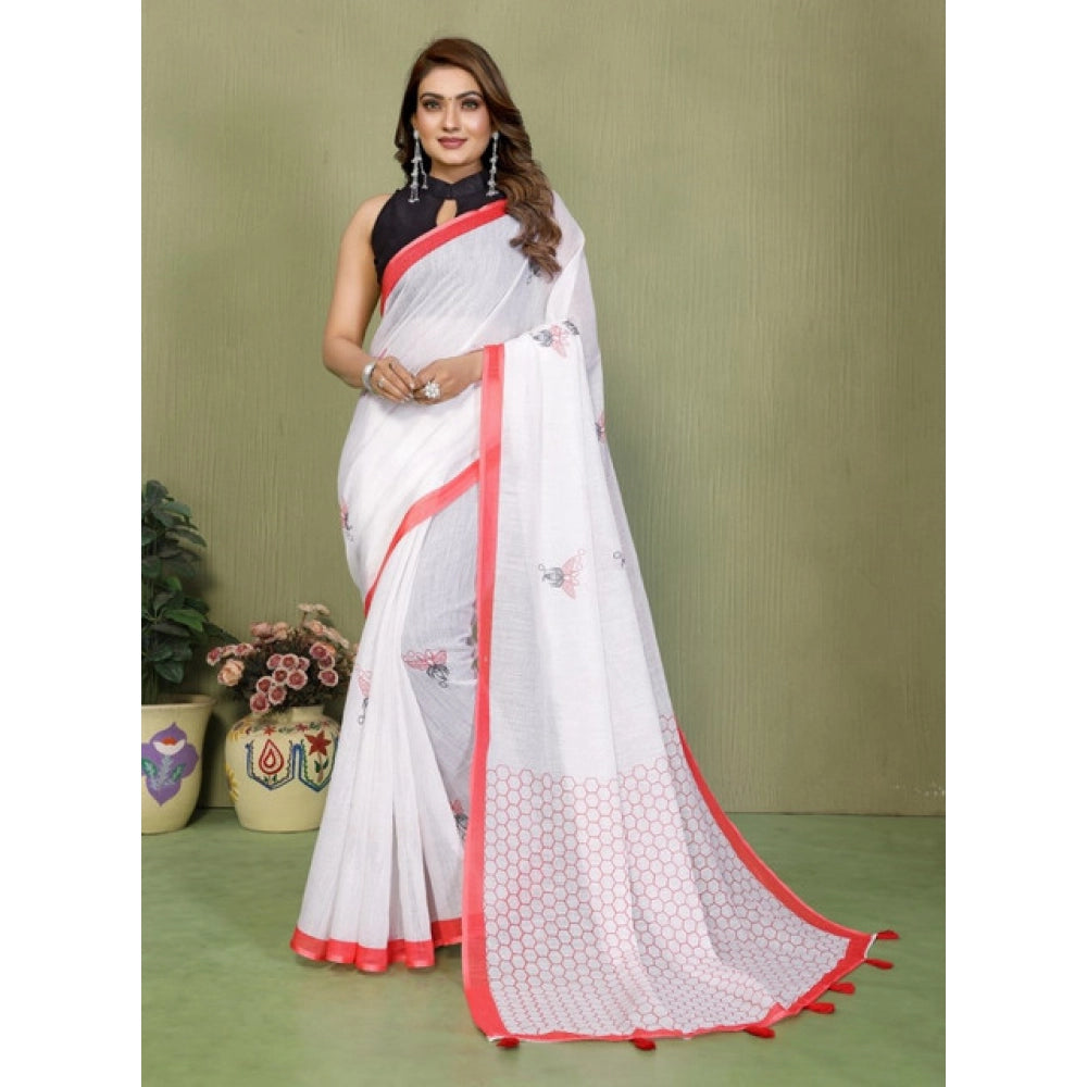 Women's Linen Cotton Printed Saree — White · 1931