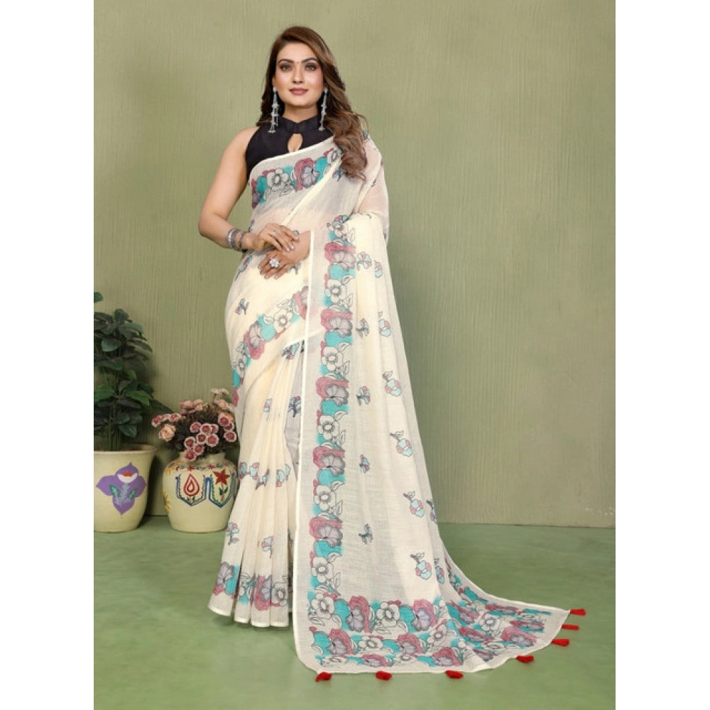 Women's Linen Cotton Printed Saree — Off White · 1932