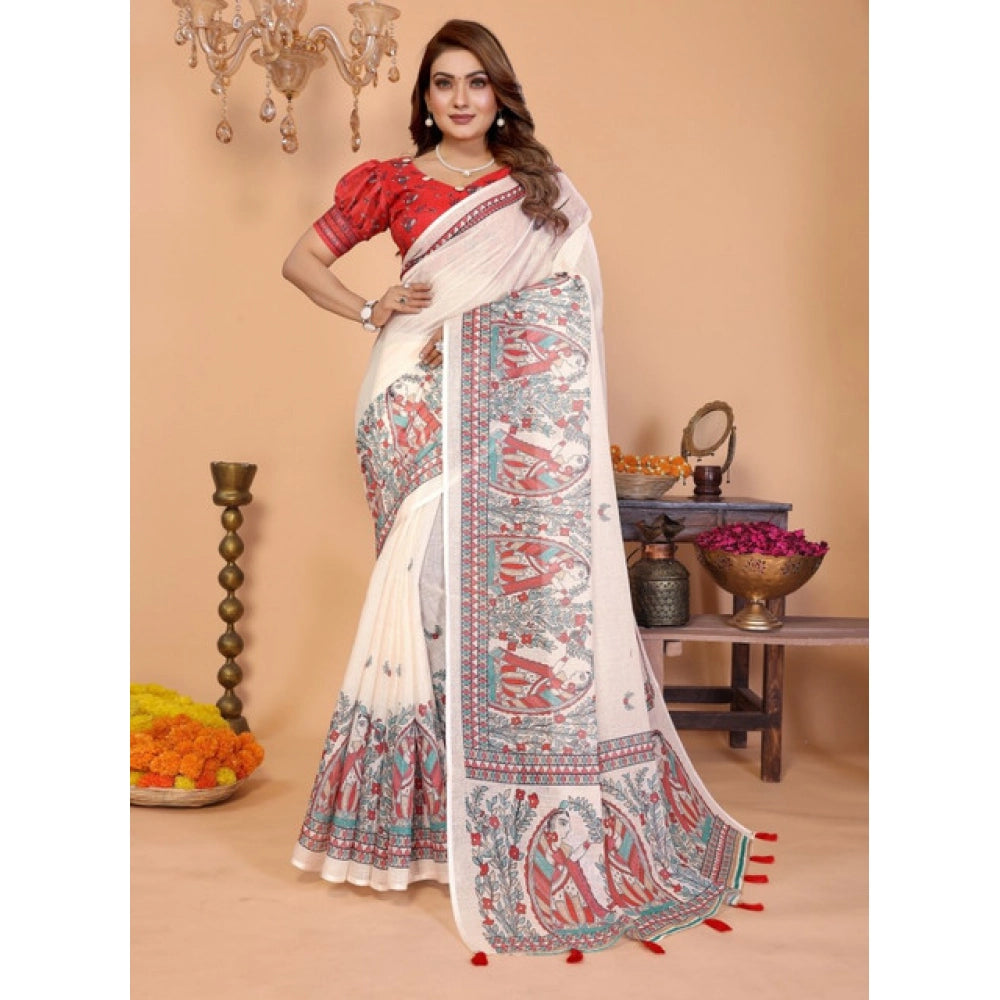 Women's Linen Cotton Printed Saree — Off White · 1957