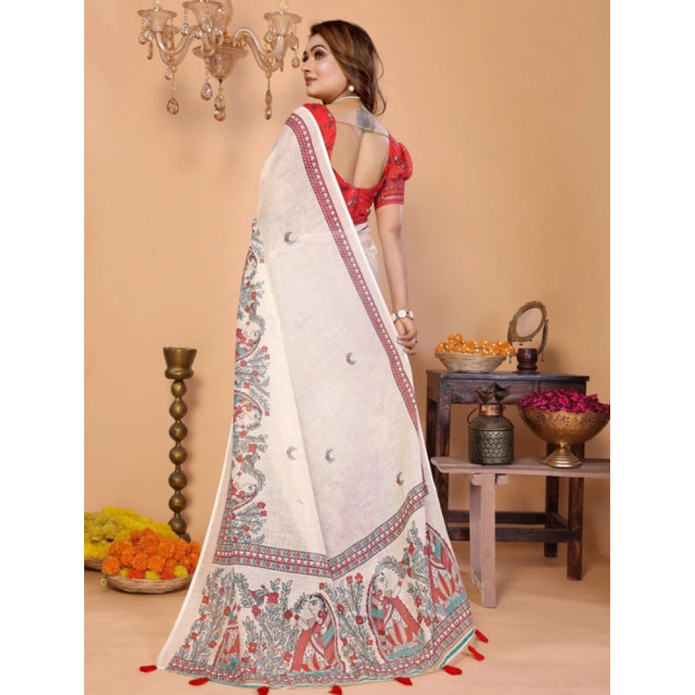 Women's Linen Cotton Printed Saree — Off White · 1957
