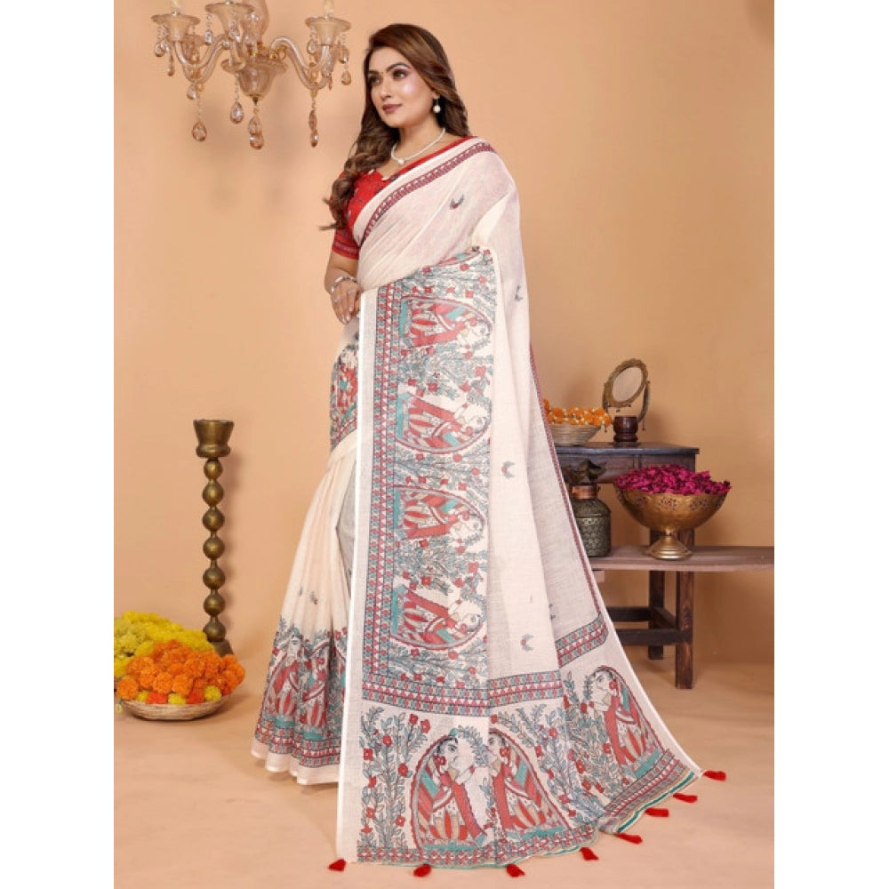 Women's Linen Cotton Printed Saree — Off White · 1957