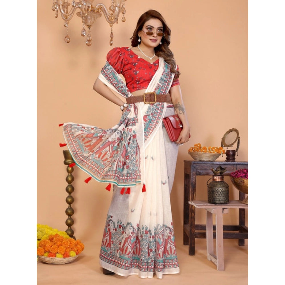 Women's Linen Cotton Printed Saree — Off White · 1957