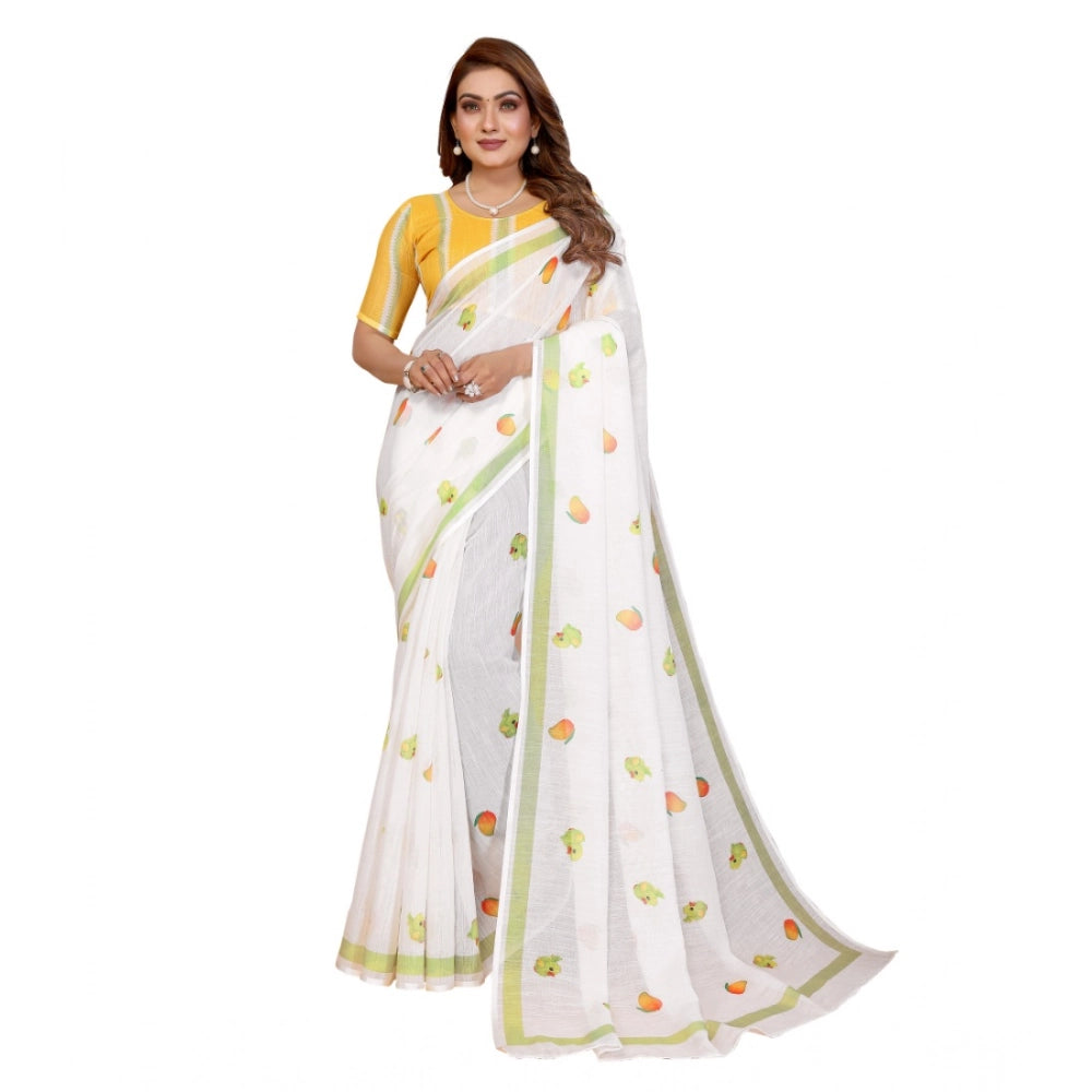 Women's Linen Cotton Printed Saree — White · 1958