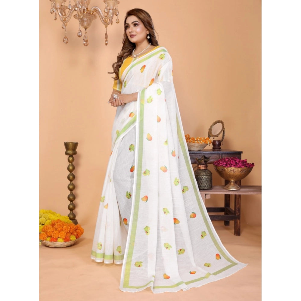 Women's Linen Cotton Printed Saree — White · 1958