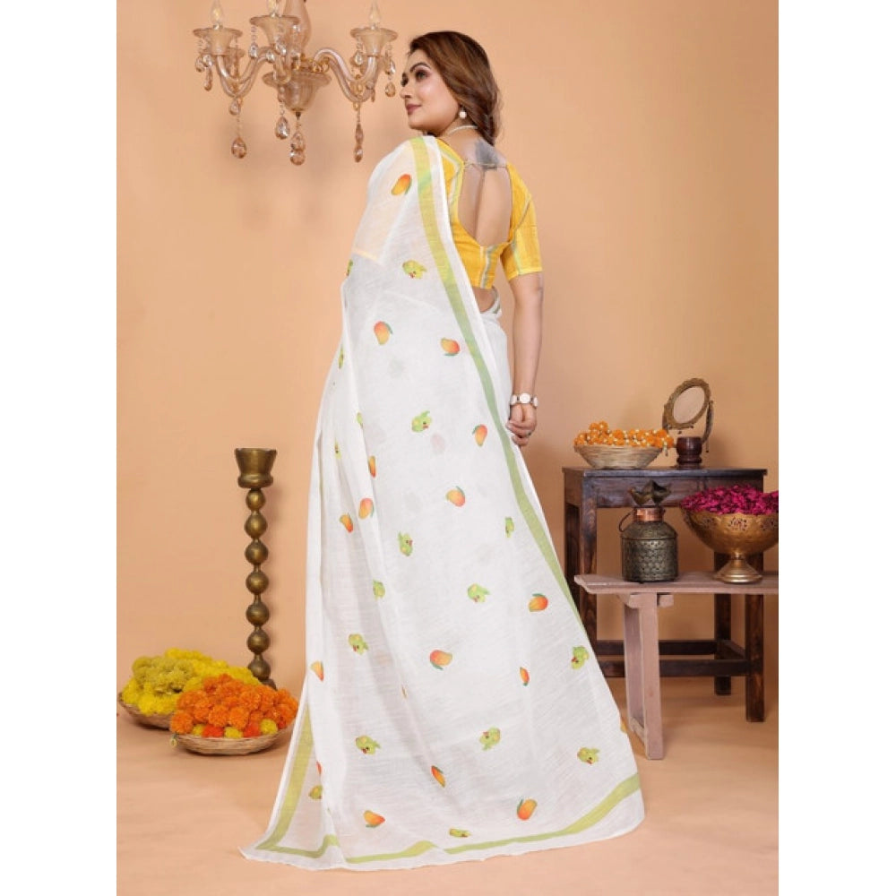Women's Linen Cotton Printed Saree — White · 1958
