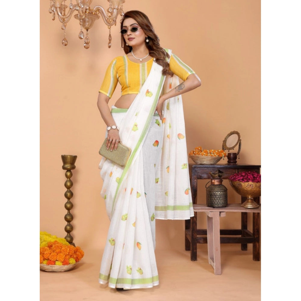 Women's Linen Cotton Printed Saree — White · 1958